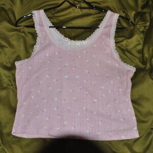 Pink Floral Patterned Lace Trim Tank Top